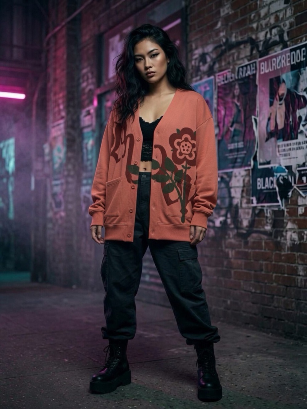 Black Scale Rose Cardigan Sz M or L NWT Heavyweight Flower Graphic Sweatshirt
